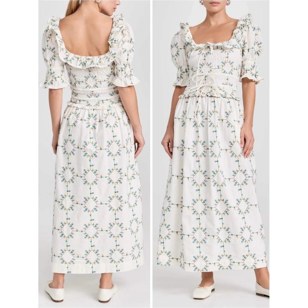 Damson Madder Dress Women 20 White Heidi Embroidered Midi Smocked Cotton Linen
